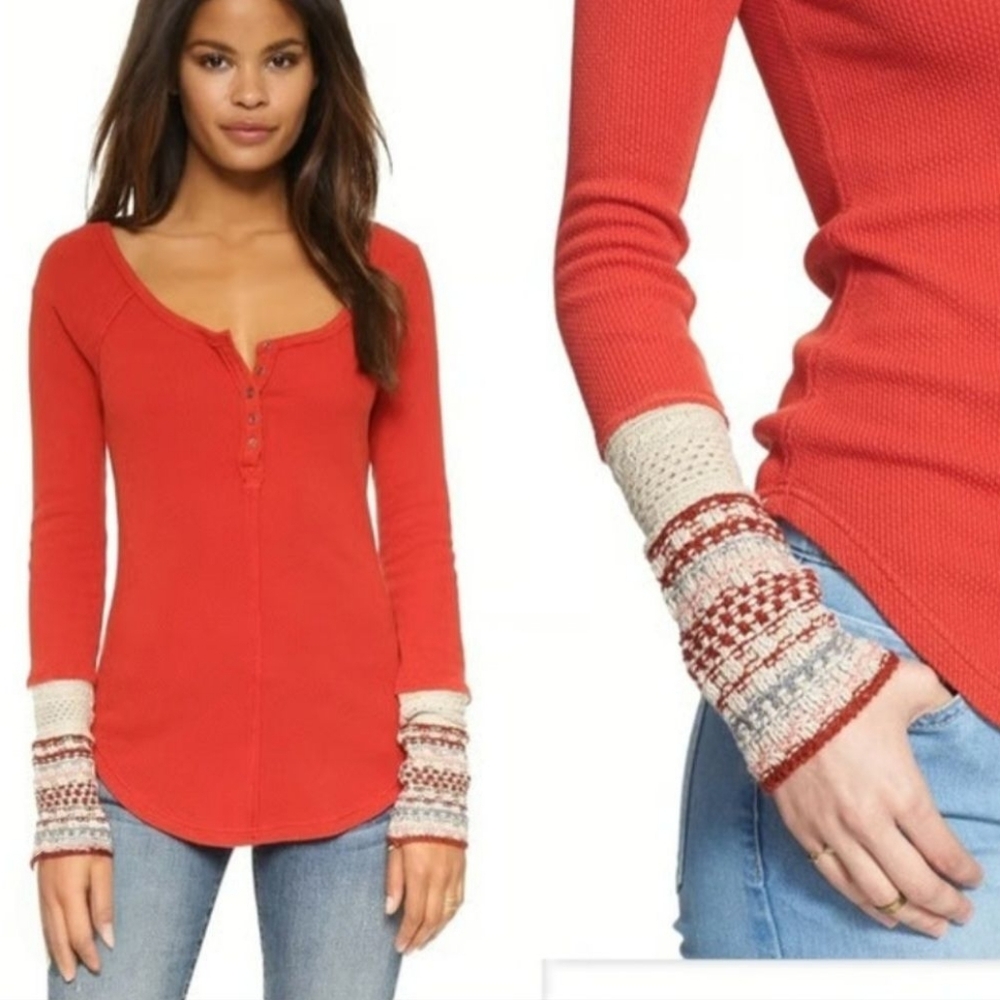 Free People Ski Lodge Newbie Red Orange Thermal Henley Top
